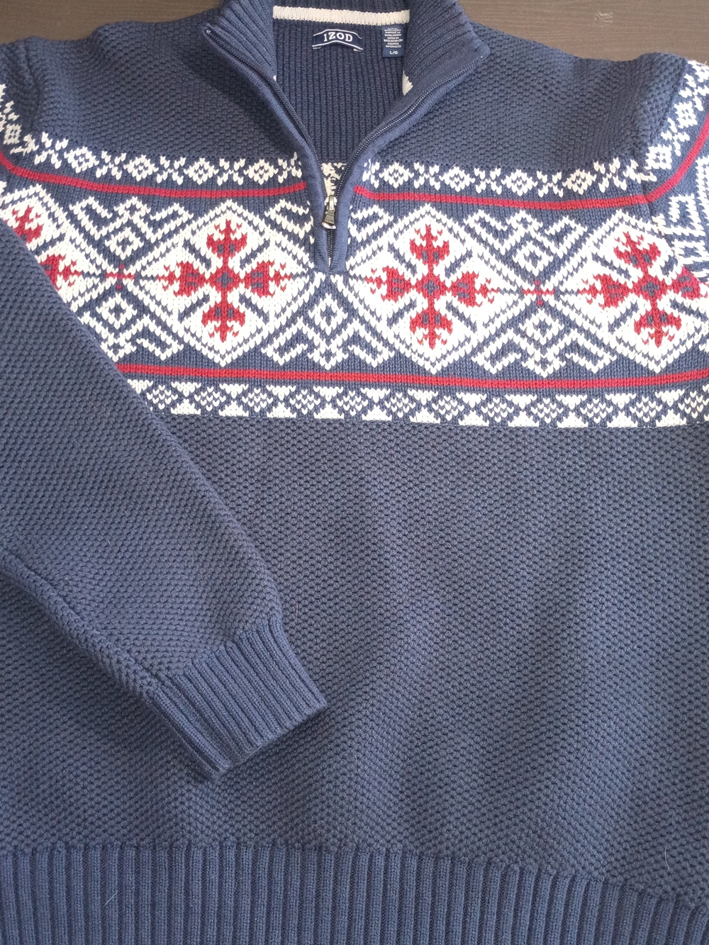 Izod Navy Neck Zip-Up Sweater with Red and White. Nice Condition!!!